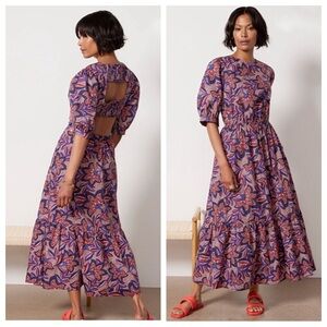 NWT Evereve Noelle Open Back Floral Maxi Dress Purple Orange Puff Sleeve Small